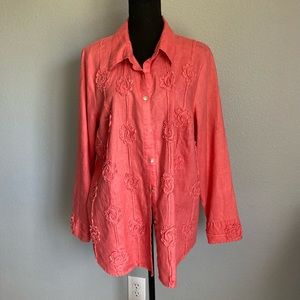 Susan Bristol  coral 100% linen shirt blouse says size 3X but it fits like a 2x